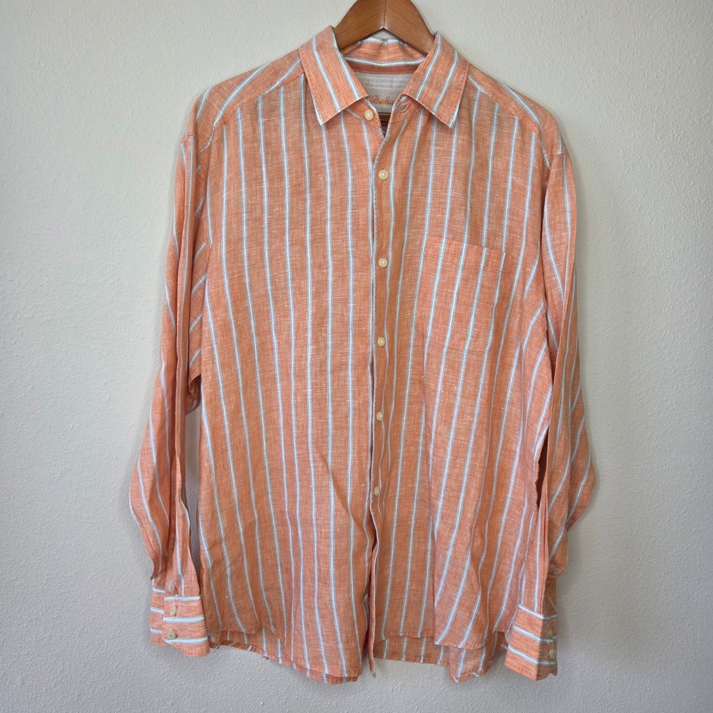 Tommy Bahama Mens Large Orange White Striped 100% Linen Long Sleeve Button Shirt